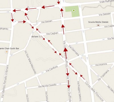 La mappa di Corso delle Province angolo via V. Giuffrida in cui andrebbe invertito il senso di marcia. Il traffico che proviene dalla Tangenziale andrebbe dirottato - in discesa - verso piazza A. Lincoln