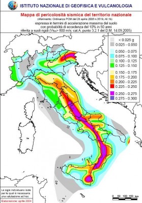 Mappa rischio sismico nazionale a cura dell'Ist. Naz. di Geofisica e vulcanologia