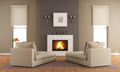 Contemporary living room with fireplace camino