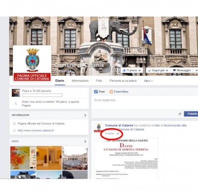 Pagina di Facebook del Comune di catania