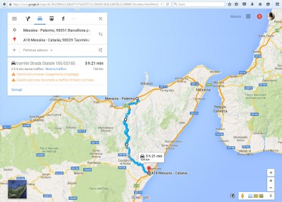 Su google maps il tempo di percorrenza del percorso alternativo alla chiusura della A18 proposto dalla Prefettura di Messina (05.10.15)